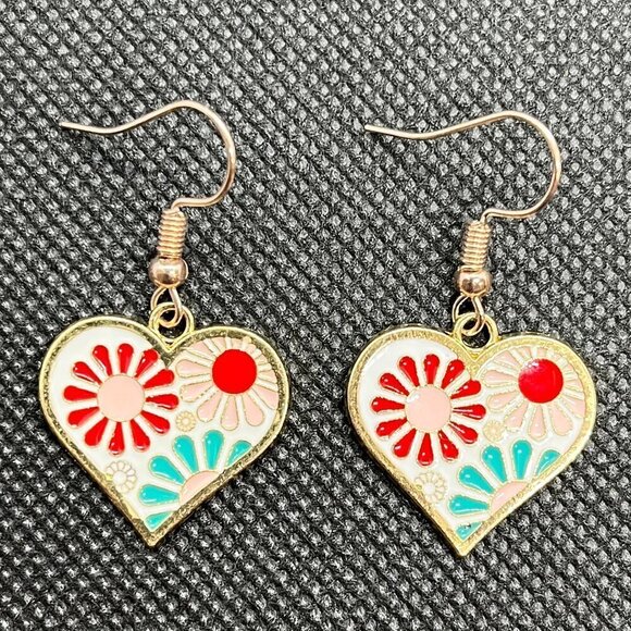 Flower Heart Enamel Drop Earrings - Picture 5 of 5